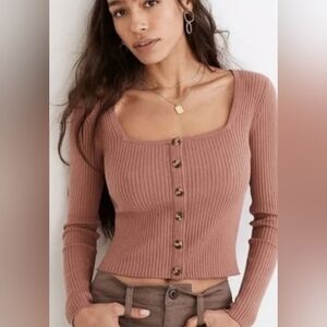 Madewell XL Rosseau Square Neck Sweater ribbed long sleeve mauve